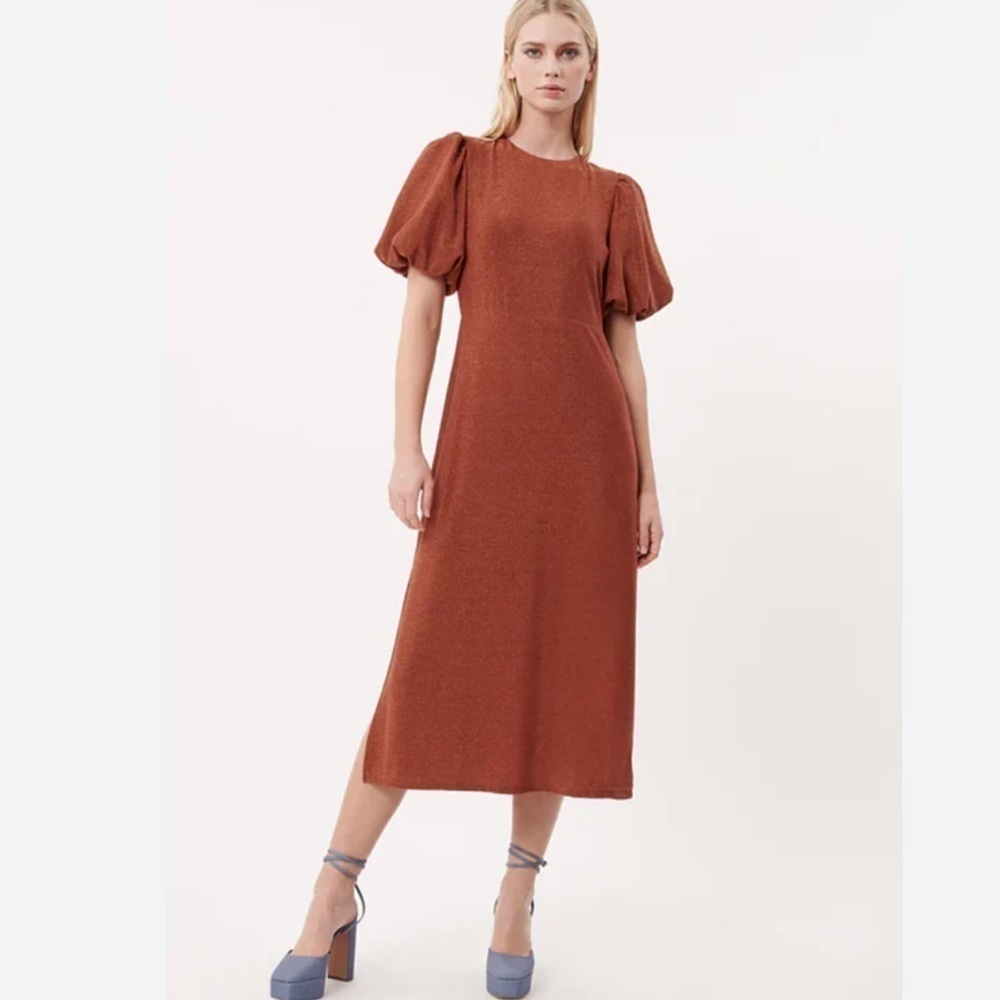 NWT FRNCH Olympe Midi Dress in Metallic Orange Brule Sz M